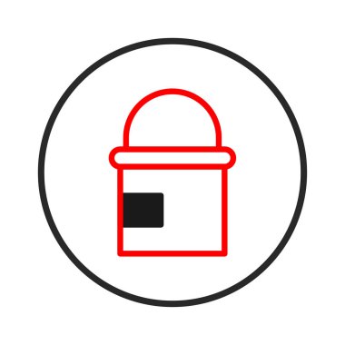 Minimalist bir grafik ikonu, beyaz arka planda kırmızı boya kovası tasvir ediyor. Kovada dairesel siyah çerçeve içine yerleştirilmiş basit ve modern bir tasarım yer alıyor. Görüntü...