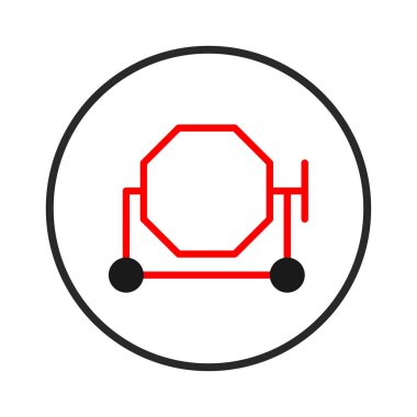 Çarpıcı kırmızı bir hatla tanımlanan ve zıt siyah bir çemberin içinde yer alan beton karıştırıcının cesur bir çizimi. Bu simge inşaat, inşaat ve sanayi süreçlerini çağrıştırıyor, uygun