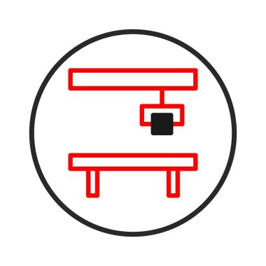 Minimalist bir illüstrasyon, kare bir bloğun otomatik kaldırılmasını gösteren bir robot kol mekanizmasını tasvir eder. Grafik endüstriyel otomasyonun, modern teknolojinin kavramsal bir temsilidir.