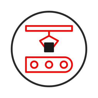 Kavramsal illüstrasyon, taşıma bandının üzerine yerleştirilmiş bir robotik kolu olan otomatikleştirilmiş bir üretim sürecini temsil etmektedir. Modern endüstriyel işlemleri simgeliyor,