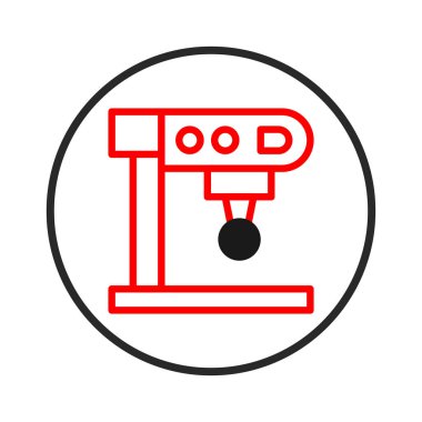 Görüntü, endüstriyel makinelerin basitleştirilmiş ve modern bir grafik sunumunu içeriyor. Beyaz zemin üzerindeki kırmızı ana hatları net ve görsel olarak kısa bir ikon oluşturur.