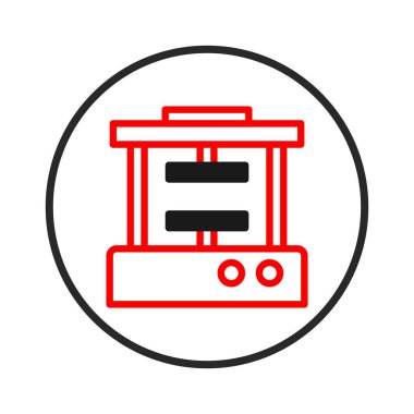 Cesur, modern bir ikon kırmızı çizgili ve siyah elementli endüstriyel makineler sergiliyor. Mühendislik, imalat veya teknoloji ile ilgili markalaşma için mükemmel, yeniliği ve modernizasyonu sembolize eder.