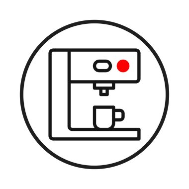 Temiz çizgiler, kırmızı düğmeli bir kahve makinesinin otomatik içecek hazırlığını resmediyor. Minimalist tasarım çeşitli uygulamalar için uygun modern bir görünüm sunar