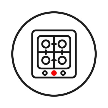 Modern bir sobanın minimalist bir grafiği, siyah çizgiler ve kırmızı aksanlı temiz bir tasarım içeriyor. Mutfak gereçleri, yemek pişirme ya da ev içi konuları dijital ya da