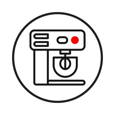 Mutfak aletlerini, yemek pişirme süreçlerini ya da pişirmeyle ilgili hizmetleri temsil etmek için ideal daire içine alınmış bir stand mikserinin temiz ve çağdaş bir çizimi. Minimalist tasarım bir