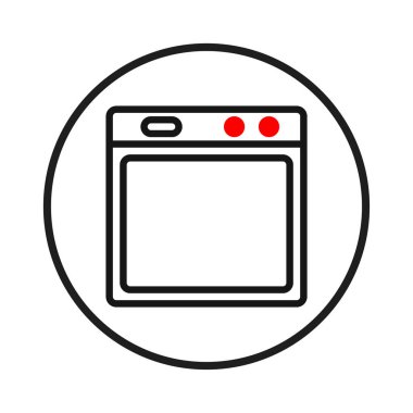 Modern basitlikle tasarlanmış, dairesel bir çerçeveye yerleştirilmiş, temiz ve basit bir mutfak fırını ikonu. Yemek pişirmeyi, ev aletlerini ve mutfak tasarımını temsil ediyor.