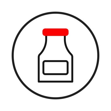 Görsel iletişim tasarımı için dairenin içinde kırmızı kapaklı bir sos şişesinin minimalist taslağı. Yemek servisini, yemek servisini ya da mutfak ürünlerini temsil eden sembol. Basit, temiz çizim.,