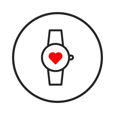 Bu temiz, modern grafik kırmızı bir kalp simgesini gösteren stilize edilmiş bir kol saatini gösteriyor. Sağlık izleme, fitness izleme ve genel refah için giyilebilir teknolojinin kullanımını temsil eder..