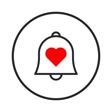 Minimalist bir uyarı çanı ikonu, çarpıcı kırmızı bir kalple süslenir. Bu tasarım çeşitli platformlar için uyarılar, güncellemeler ve sevgi ya da sevgiyle ilgili uyarıları iletir..