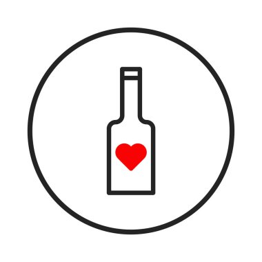 Kalp amblemli likör şişesi şeklinde modern bir illüstrasyon ikonu. Tasarım siyah dairesel bir sınırın içinde yer alıyor. Basit ve zarif bir ikon, sevgililer günü terfileri için en iyisi.,