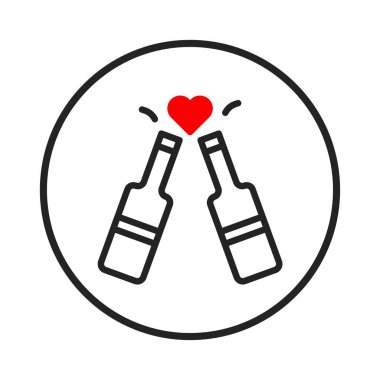 Bu vektör görüntüsü, ikonun ortasında bir kalp ile kadeh kaldırmak üzere olan iki şişeyi gösteriyor. Resim, sevdiğinizle özel bir günde kutlamak için mükemmeldir.