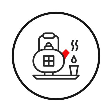 Basit bir siyah ve kırmızı çizgili sanat illüstrasyonunda bir çaydanlık ve dumanı tüten bir bardak, rahatlatıcı bir rahatlama anını ve içecek hazırlama ayinini simgeliyor. Bu temiz, minimalist