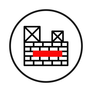 Bir stilize geometrik illüstrasyon, tuğla duvar parçasının minimalist bir tasvirini sunar, koyu kırmızı bir çubukla işaretlenir ve üzeri desenli bloklarla süslenir, hepsi de siyah çerçeveli bir çember ile çevrilidir.,
