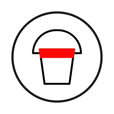 Basit ve temiz bir illüstrasyonda siyah bir kovanın ana hatları gösterilir, üst taraftaki kırmızı şeritle süslenir, hepsi siyah bir daire içinde bulunur, temizlikten taşımaya kadar çeşitli kullanımlar önerilir.