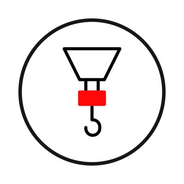 Bir vinç mekanizmasının basit bir grafik çizimi dairesel bir hatla sunulur. Vinç kancası, inşaat ve mühendislikteki kaldırma kapasitesini simgeleyen kırmızı bir bloğun altında asılı duruyor.