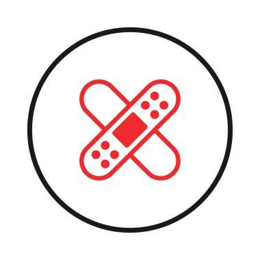 Bu resim bir daire içinde 'X' oluşturan iki yapıştırıcı bandajın minimalist kırmızı çizimini içeriyor. Korunmayı ve ilk yardımı sembolize eden tıbbi veya sağlık hizmetleriyle ilgili materyaller için uygundur..