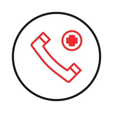 Acil tıbbi yardım ikonu, sıhhiye haçının yanında yuvarlak şekilli bir telefon alıcısı gösteriyor. Bu sembol acil sağlık hizmetleri yardımı ve acil müdahale temasını temsil ediyor.,