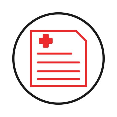 Görüntü, siyah dairesel çerçeve içinde kapalı bir haç sembolü gösteren biçimlendirilmiş bir tıbbi belge simgesini içeriyor, sağlık kayıtlarını vurguluyor, tıbbi yardımı gösteriyor, belgeleme