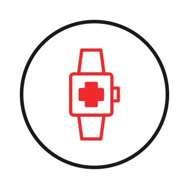 Bu illüstrasyon, sağlık izleme ve sağlıktaki yeteneklerini vurgulayan tıbbi bir haç sembolü olan modern bir akıllı saati temsil ediyor. Gösterişli tasarım ve dijital arayüz gelişmiş olduğunu gösteriyor.
