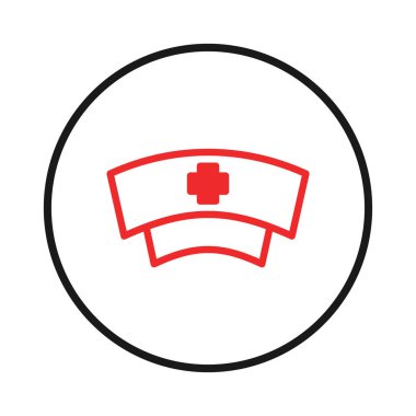 Minimalist bir vektör illüstrasyonunda siyah çizilmiş bir dairenin ortasında kırmızı bir hemşirenin şapka amblemi görülüyor. Bu sembol sağlık hizmetlerini, profesyonel tıbbi yardımı temsil etmektedir.,