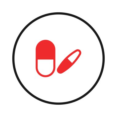 Bir minimalist vektör illüstrasyonunda dairesel bir sınıra gizlenmiş iki kırmızı hap tasvir edilir. Bu çağrışımsal tasarım ilaç tedavisi ve genel olarak sağlık hizmetlerinin çözümlerini somutlaştırmaktadır.