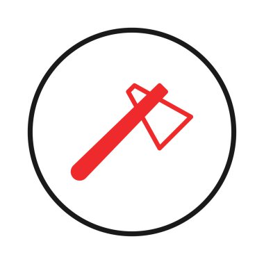 Bu resim siyah bir daire içinde konumlanmış kırmızı bir balta simgesini gösterir. Baltanın kırmızı rengi odunculuk, ahşap işçiliği ve güvenlik gibi çeşitli alanlar için güçlü bir amblem oluşturuyor. Evet.