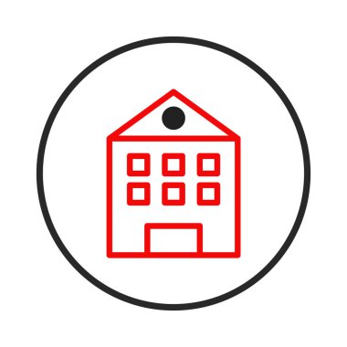 Dairedeki bu temiz kırmızı bina simgesi, konut binaları, ofisler veya eğitim kurumları gibi gayrimenkul mülklerinin basit bir temsilini sunar. Kalın çizgiler ve