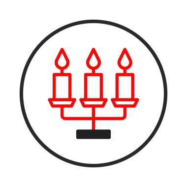 Dairesel bir çerçeve içinde simetrik bir düzende sunulan üç yanan mumdan oluşan stilize edilmiş bir görüntü. Minimalist çizgi sanatı, beyaz bir renge karşı çarpıcı kırmızı bir renk aldı.