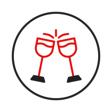 İki stilize kırmızı şarap kadehinin kadeh tokuşturduğu, beyaz arka plana yaslanıp siyah bir yüzükle çevrelendiği minimalist bir illüstrasyon. Kutlamayı ve başarıyı sembolize eder,