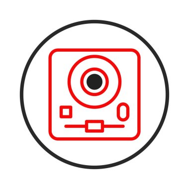Bu basit ama etkili grafik stilize edilmiş dijital kamerayı bir sembol olarak sunar. Beyaz arka plandaki parlak kırmızı çizgiler onu görünür kılıyor. Modern fotoğrafçılığı temsil etmek için uygun.