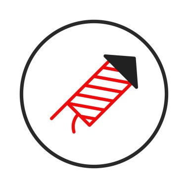 İzole edilmiş bir ikon, stilize edilmiş bir havai fişek roketini gösteriyor. Bu basit grafik çizimi, kutlama etkinliklerinin ve şenlik tasarımlarının özünü yakalar. Kırmızı ve siyah çizgiler beyaza karşı