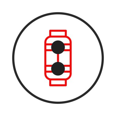 Bir minimalist grafik kırmızı çizgili bir kabın içinde iki bağlı siyah küreler sunar, hepsi beyaz bir zemin üzerine kuruludur ve siyah bir daire tarafından çerçevelenmiştir, temiz ve temiz bir şekilde sunulmaktadır.
