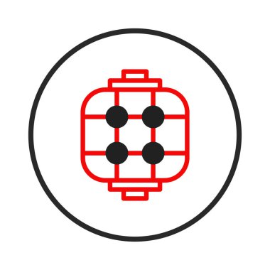 Siyah daire detaylarıyla dolu koyu kırmızı bir çerçeve içeren bir Çin fenerinin minimalist vektör çizimi. Basit ve zarif tasarım kültürel mirası ve şenliği çağrıştırıyor.