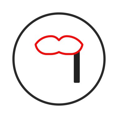 Bu soyut illüstrasyon, dairesel bir çerçeveye sarılı, dikey bir desteğin üzerinde dudakların minimalist bir temsilini sunar. Tasarım basitliği ve kalın çizgileri vurguluyor.