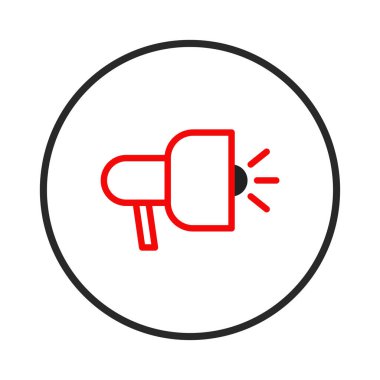 Kırmızı ve siyah bir megafonu olan, temiz ve basit çizgilerle tasarlanmış minimalist bir ikon. Bu amblem, dijital platformlarda kullanmak için mükemmel olan iletişim ve bildirimleri temsil eder.