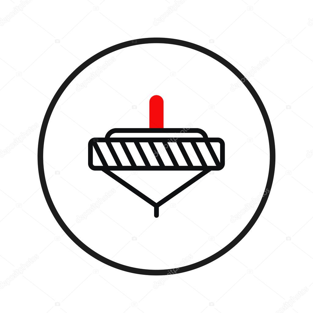 This vector illustration depicts a spinning top within a circle, creating a clean and simple visual. The use of lines and a distinct red accent conveys both movement and the enduring charm of