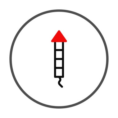 Siyah dikdörtgen gövde üzerinde kırmızı üçgen bir daire içinde ayarlanmış basit bir roket ikonu. Minimalist stil, kutlama, yenilik başlatma veya özel etkinlikleri havai fişekle işaretlemeyi öneriyor.