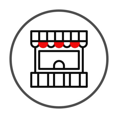 Şekillendirilmiş minimalist bir illüstrasyon, basit, temiz bir tasarım ile bir pazar tezgahı veya büfesi tasvir eder, kırmızı aksanlar ile geliştirilmiş, bir perakende alanı içinde modern grafik bir temsili oluşturur