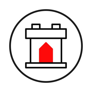 Biçimlendirilmiş grafik çizimi dairesel bir çerçeve içinde, geometrik şekilleri ve cesur renkleri harmanlayan, modern ve yaratıcı olarak tasarlanmış bir minimalist mimari yapıyı tasvir eder.