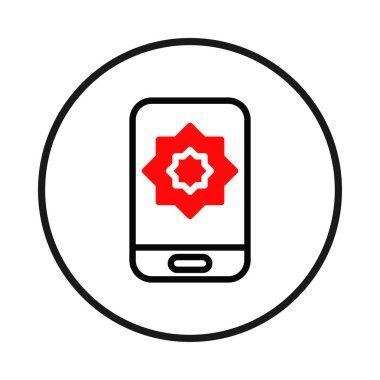 Mobil bir uygulama tasvir eden bir ikon, kullanıcıları dini içeriğe bağlayan ve kültürel bağlantıyı destekleyen canlı bir kırmızı yıldızı sembolize ediyor. Temiz, modern tasarım