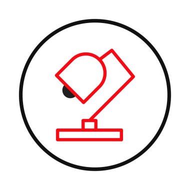 Masa lambasının kırmızı çizgili basit, minimalist bir simgesi, beyaz arkaplanda siyah bir daire şeklinde kaplanmış. Tasarım temel geometrik şekiller kullanır, temiz, modern bir estetik ve