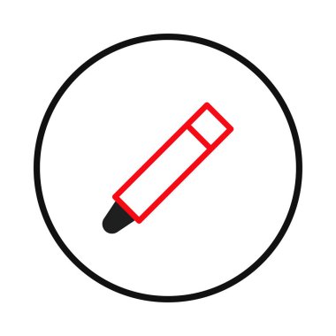 Kırmızı keçeli kalem içeren basit bir grafik tasviri. Kalem merkezi olarak siyah dairesel bir çerçevenin içinde yer almaktadır. Bu minimalist illüstrasyon tasarım elementleri, eğitim veya