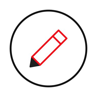Yazı, çizim, eğitim veya tasarım temalarını temsil etmek için ideal kırmızı ve siyah kalem ana hatlı bir ikonun basit grafiği. Temiz, minimalist tarzı onu web, uygulama ve yazdırma için uygun kılar
