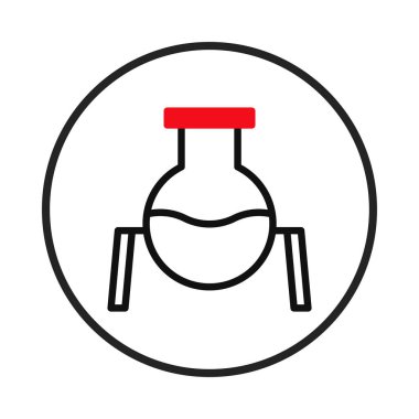 Şekillendirilmiş bir grafik, siyah dairesel bir çerçevenin içinde kırmızı bir tıpası olan bilimsel cam bir şişe tasvir eder. Tasarım, laboratuvar ekipmanlarını temsil eden temiz çizgiler içerir.,