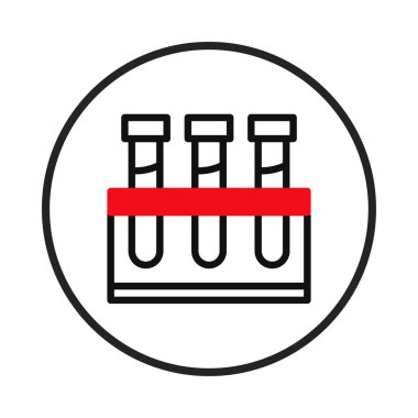 Kırmızı rafta bulunan laboratuvar test tüplerinin basitleştirilmiş tasviri bilimsel süreçleri temsil eder. Bu görüntü sağlık, teknoloji, bilimsel gelişmeler ve deneyler için idealdir.,