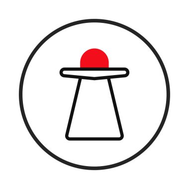 Siyah bir çemberin içinde bulunan siyah bir trapezoidin üzerinde kırmızı bir dairesi olan basit bir minimalist simge. Tasarım temiz, modern ve sanatsal, soyut bir temsil duygusu taşıyor.