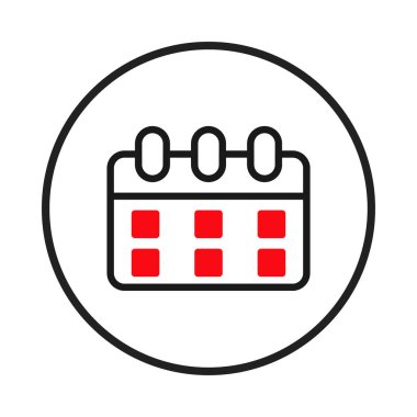 Bu resim, temiz çizgiler ve canlı kırmızı kareler, önemli tarihleri veya planlanmış randevuları ileten biçimlendirilmiş bir takvim simgesi sunar. Tasarım basitliği görsel ile dengeler.