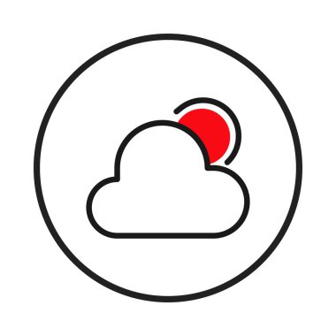 Minimalist simge, arkasında kırmızı bir güneş olan beyaz bir bulutun siyah bir dairenin içinde belirdiğini gösteriyor. Tasarım temiz ve modern, basit şekilli ve canlı hava kavramlarını sembolize ediyor.