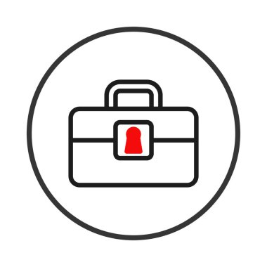 Kırmızı anahtar delikli bir evrak çantasının minimalist bir çizimi. Güvenli iş bilgisini ve gizli erişimi simgeliyor. Simgenin basit tasarımı ve kalın çizgileri net bir görüntü sağlıyor
