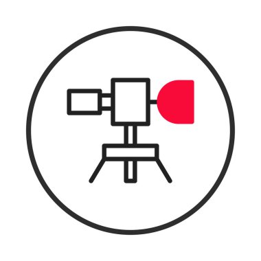 Çemberin içindeki bir kameranın minimalist bir illüstrasyonu, video üretimi, medya yaratımı veya fotoğraf ekipmanı gibi temalar önerir. Bu simge yaratıcı projeler için idealdir